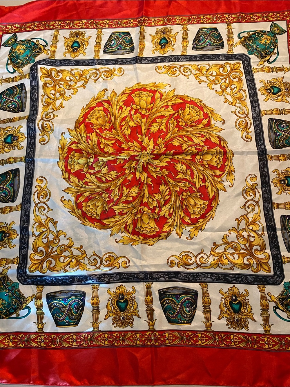 Vintage 80’s Large Baroque Red and Gold Motif Scarf